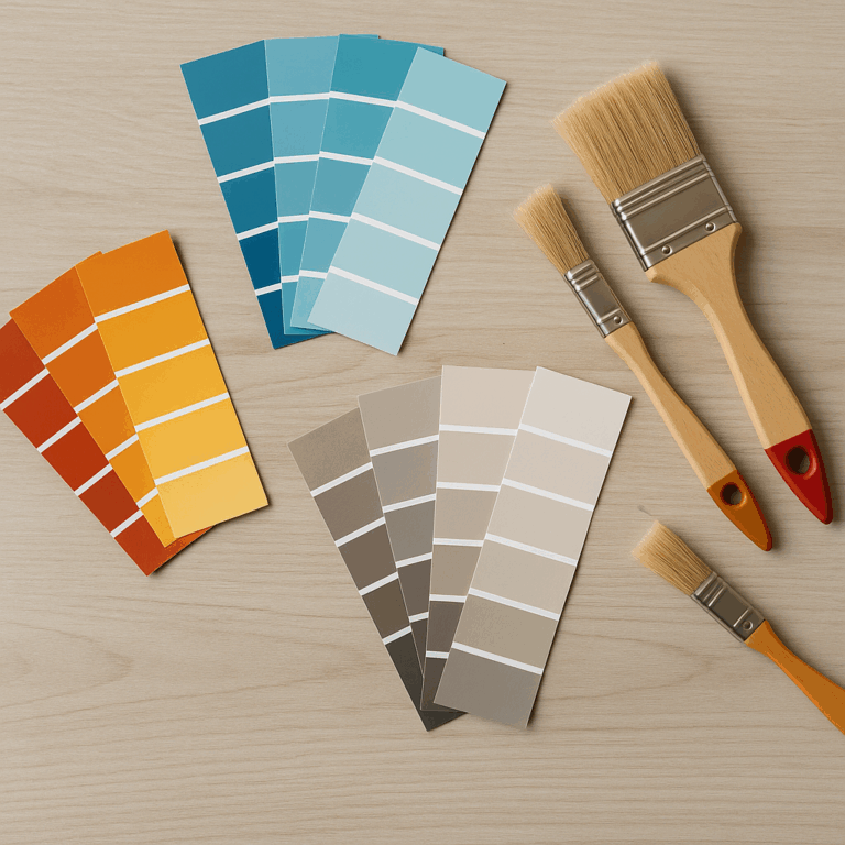 Home interior painting palette showing warm, cool, and neutral color swatches next to paintbrushes.