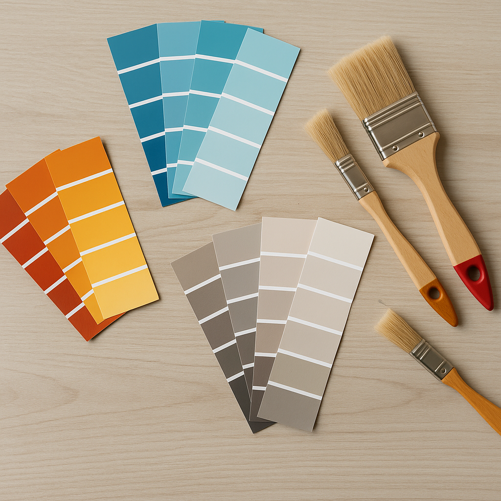 Home interior painting palette showing warm, cool, and neutral color swatches next to paintbrushes.